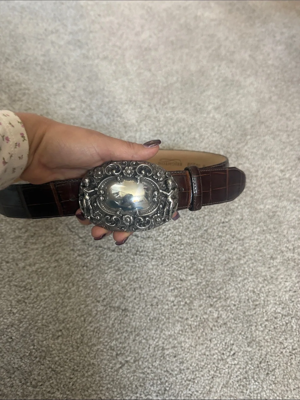 Brown Croc-Embossed Leather Belt with Ornate Silver Buckle
